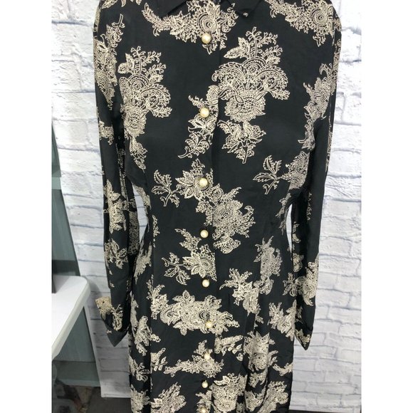 Moda Intl Long Size 6 Six Floral Boho Button Dress Rayon Made in USA Black White - Picture 5 of 12